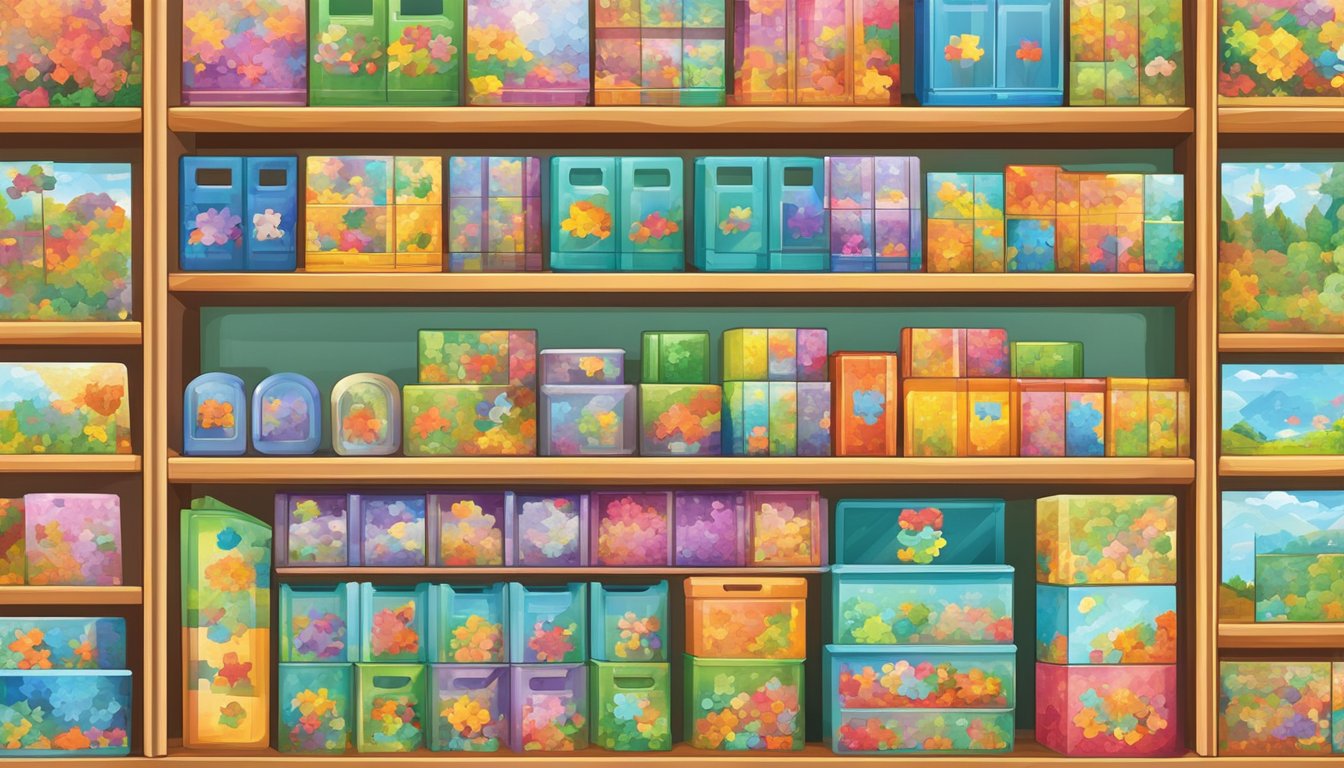 A colorful display of jigsaw puzzles in a well-lit store, with shelves neatly organized and a variety of puzzle sizes and designs