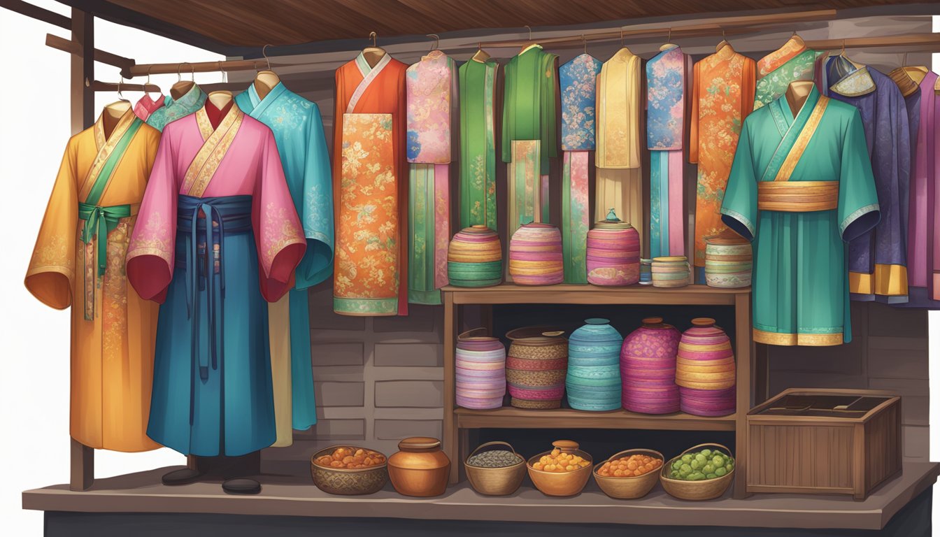 A traditional Chinese market stall sells colorful Hanfu garments in Singapore