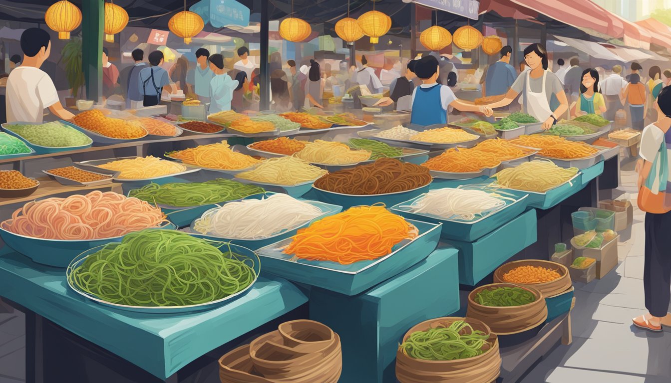 A table filled with colorful glass noodle dishes, surrounded by bustling market stalls in Singapore