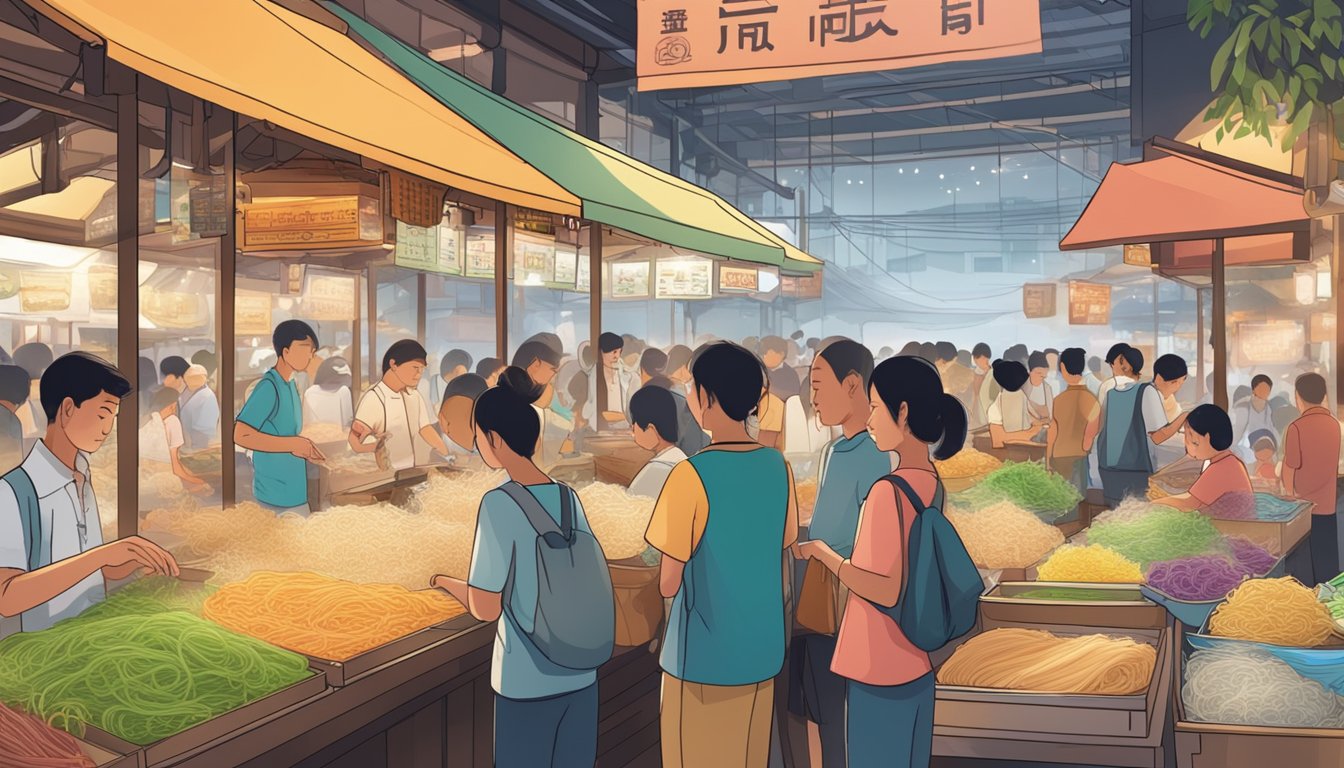 A bustling Singaporean market stall displays a variety of glass noodles, with customers eager to make their purchase
