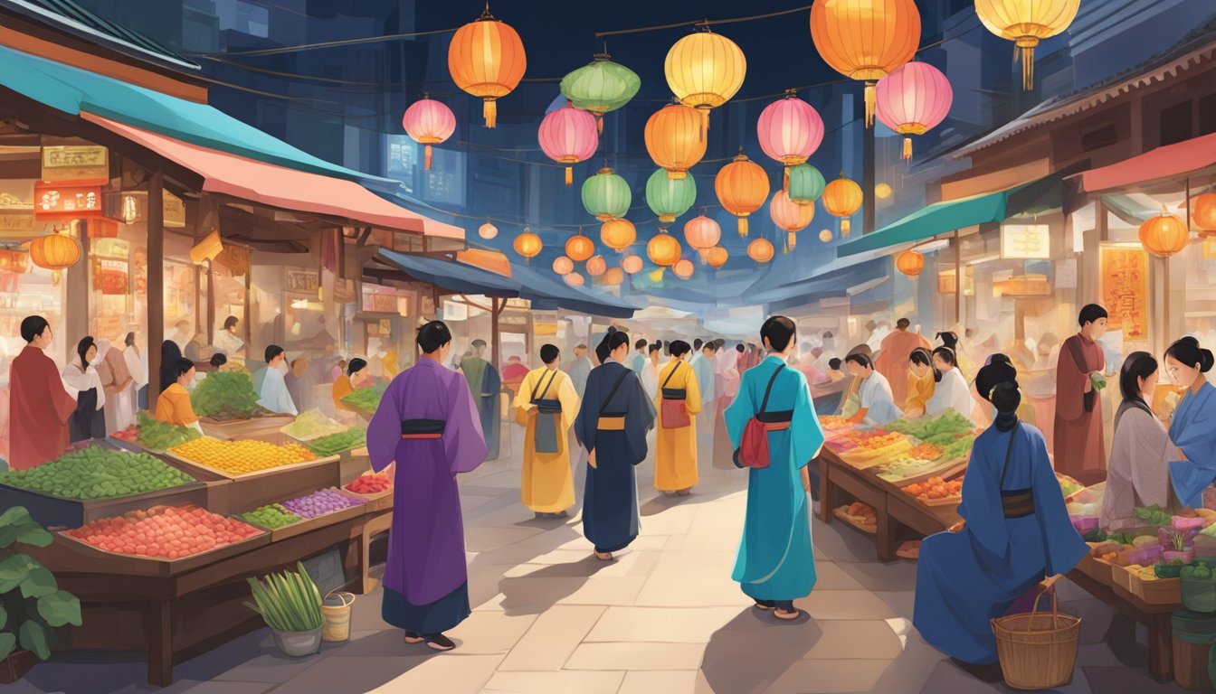 A bustling market with colorful hanfu displayed in Singapore. Shop signs and eager customers fill the scene