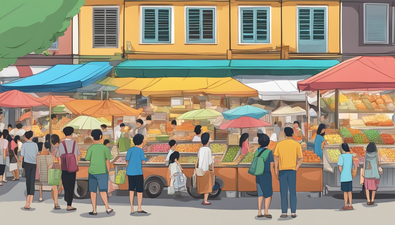 A bustling Singapore street market, with colorful stalls selling Ny Siok, a popular local snack, surrounded by eager customers