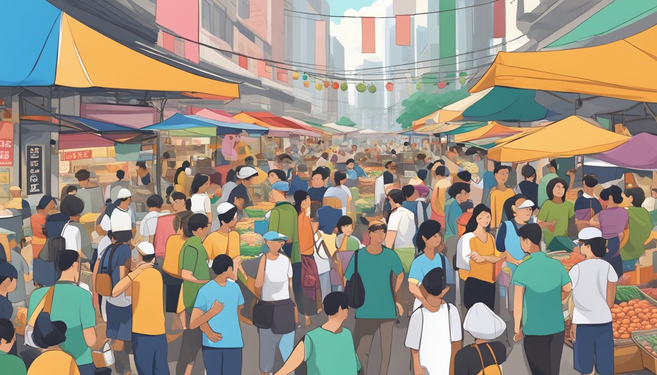 A bustling Singapore market stall sells Ny Siok, surrounded by colorful signs and bustling crowds