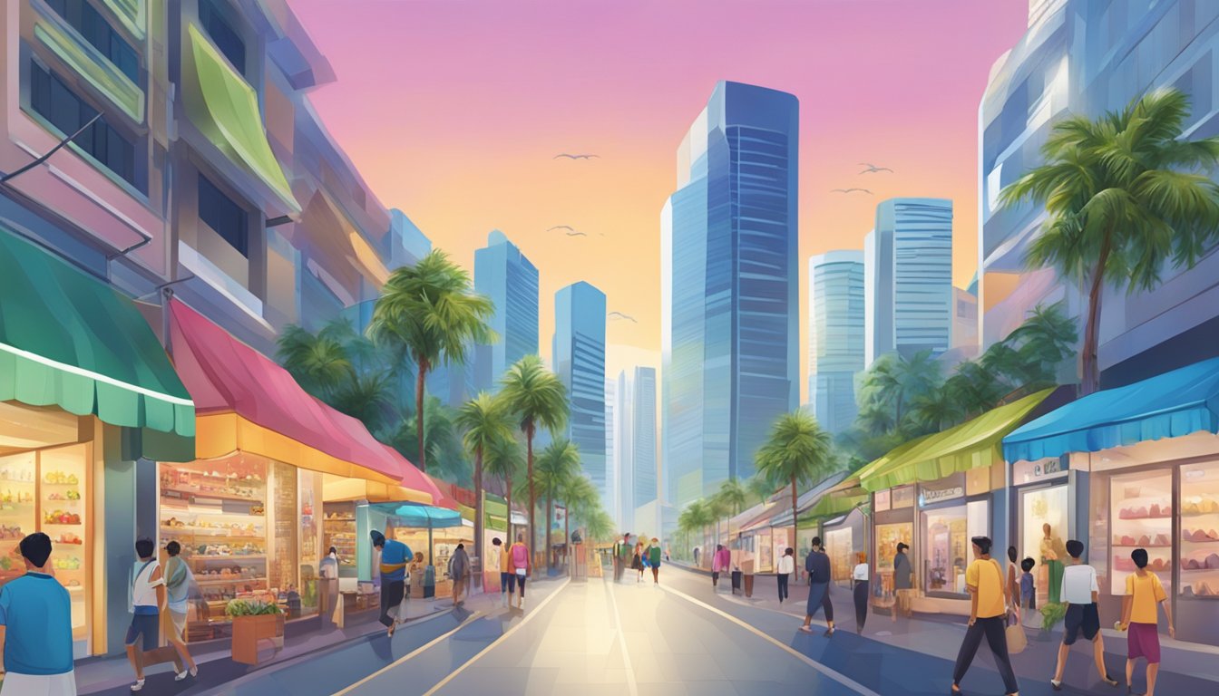 A vibrant Singapore street with a storefront displaying APL shoes. Shoppers browsing, palm trees swaying, and the city skyline in the background