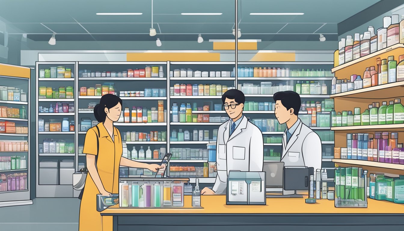 A laboratory thermometer being purchased in a Singapore store, with shelves stocked with various scientific equipment and a customer service representative assisting a customer