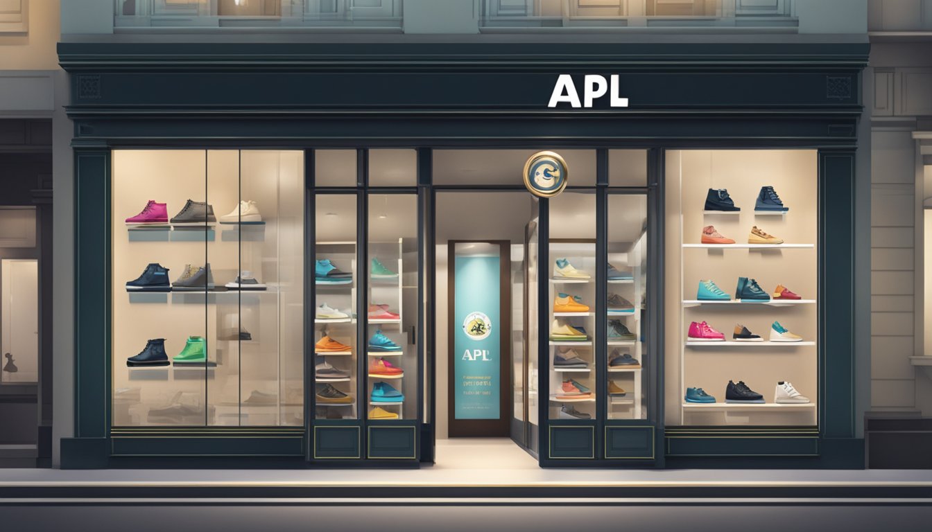 A storefront with a prominent sign reading "APL Shoes" in Singapore, with various styles displayed in the window and on shelves inside