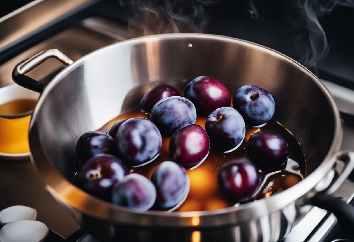A bowl of mixed plums, sugar, vinegar, and spices being simmered on a stovetop