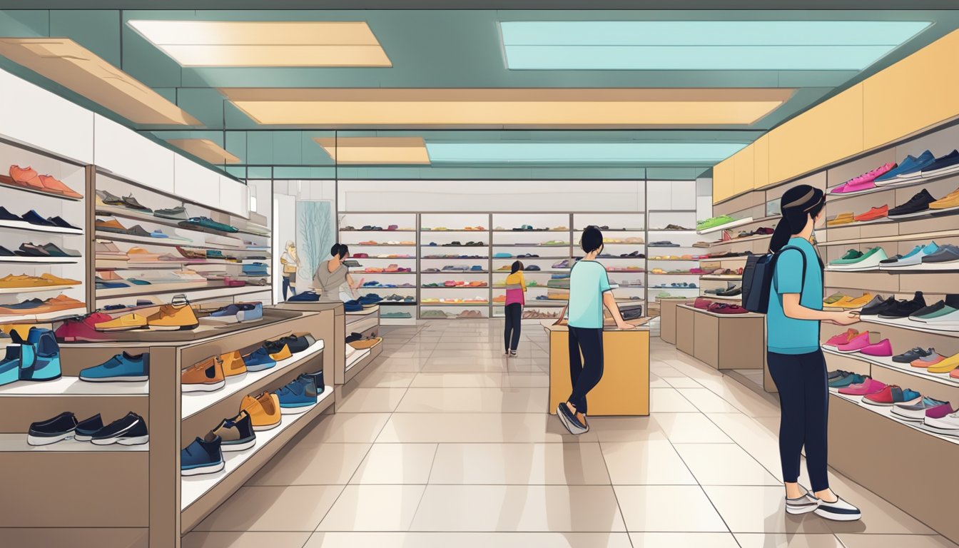 A shoe store in Singapore with shelves of APL shoes, customers browsing, and a sales associate assisting
