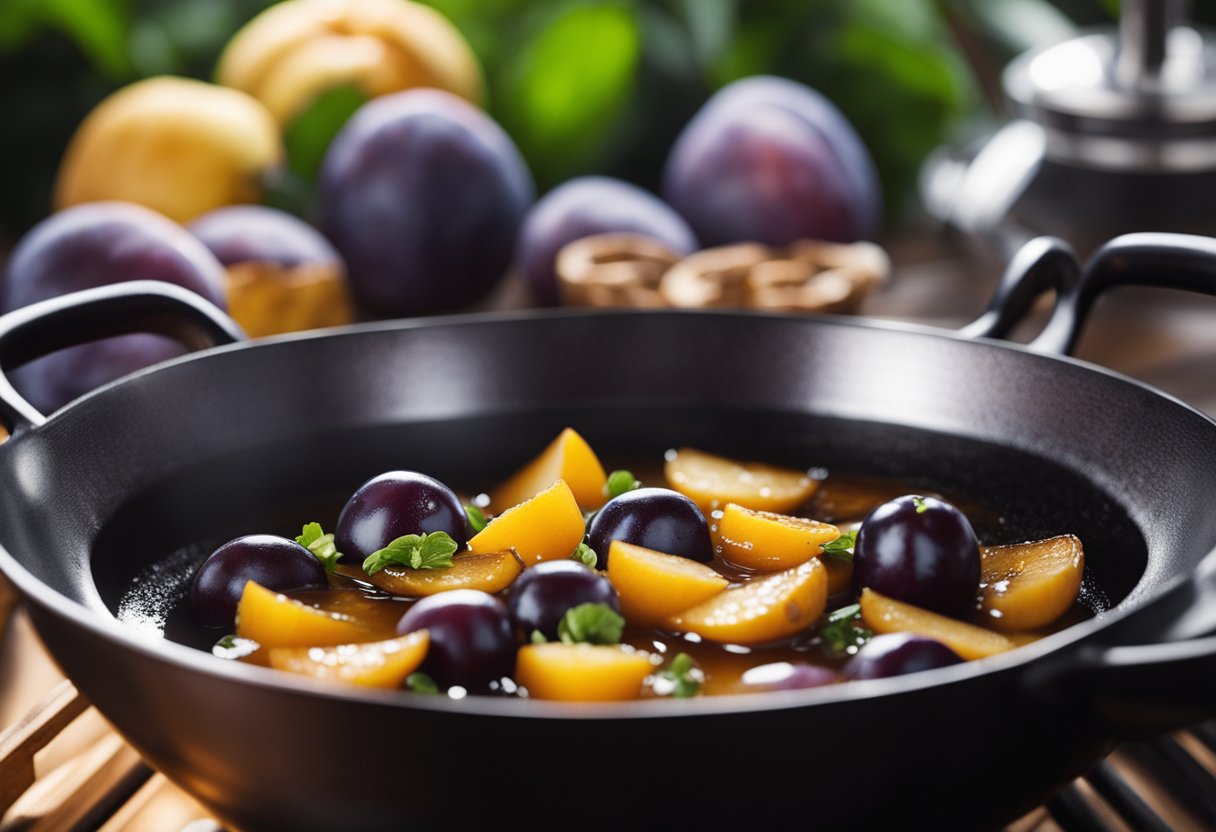 A wok sizzles as plums, ginger, and garlic simmer in soy sauce and vinegar, infusing the air with a sweet and tangy aroma