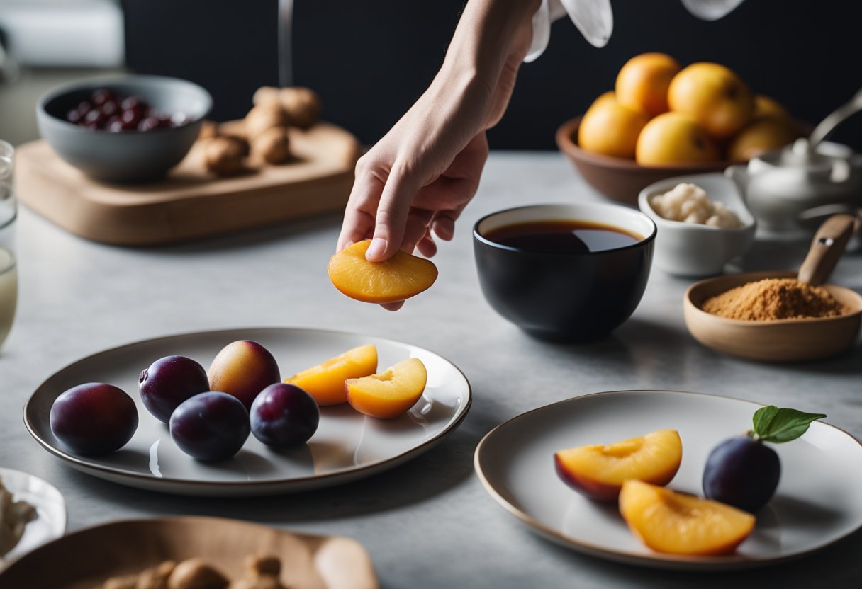 A hand reaching for plums, ginger, soy sauce, and sugar on a kitchen counter