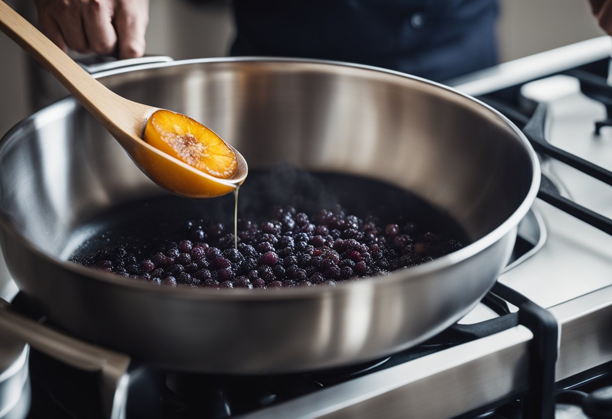 A chef mixes plums, sugar, vinegar, and spices in a saucepan. They simmer the mixture until thick and smooth