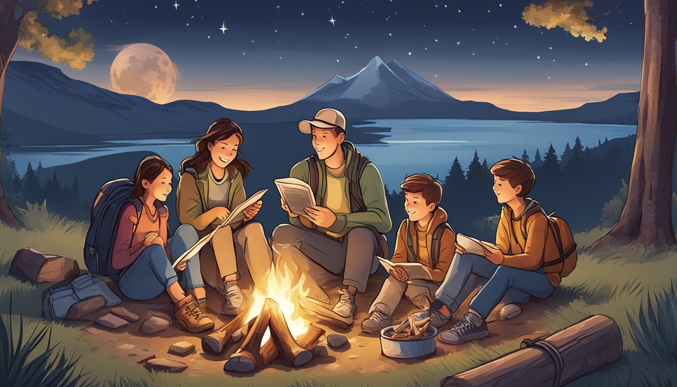 A family sitting around a campfire, roasting marshmallows and sharing stories under the stars. A map and travel guidebooks scattered around them, highlighting the excitement of planning their next adventure together
