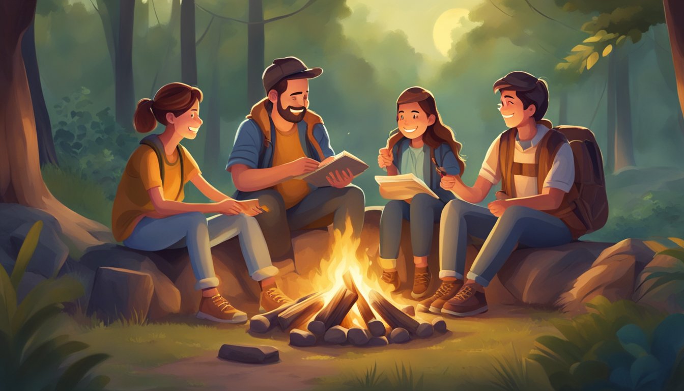 A family sits around a campfire, surrounded by nature. They share stories and laughter, bonding over the joy of exploring new places together