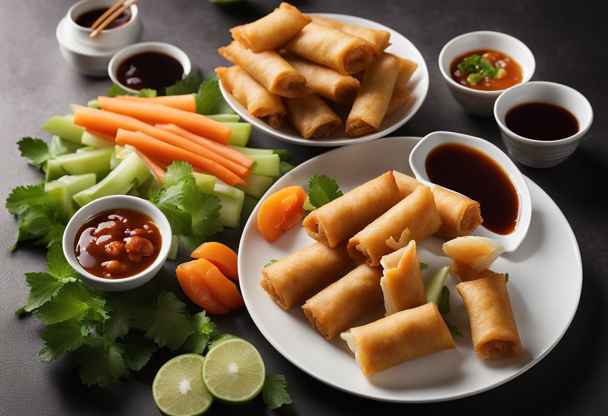 A bowl of homemade Chinese plum sauce sits next to a plate of crispy spring rolls, with a variety of fresh fruits and vegetables arranged around it for pairing ideas