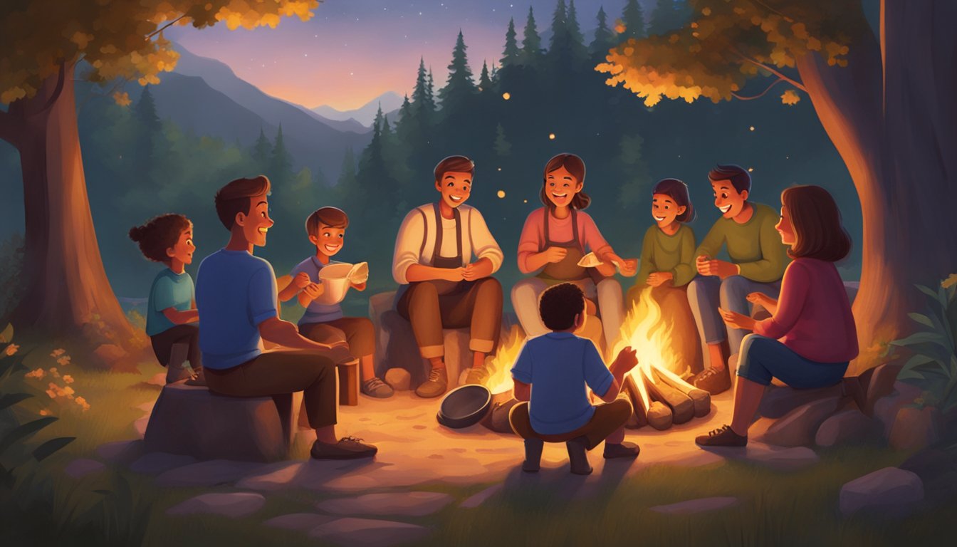 A family sits around a campfire, surrounded by nature. They laugh and share stories as they cook together. The warm glow of the fire creates a cozy atmosphere, bringing them closer together