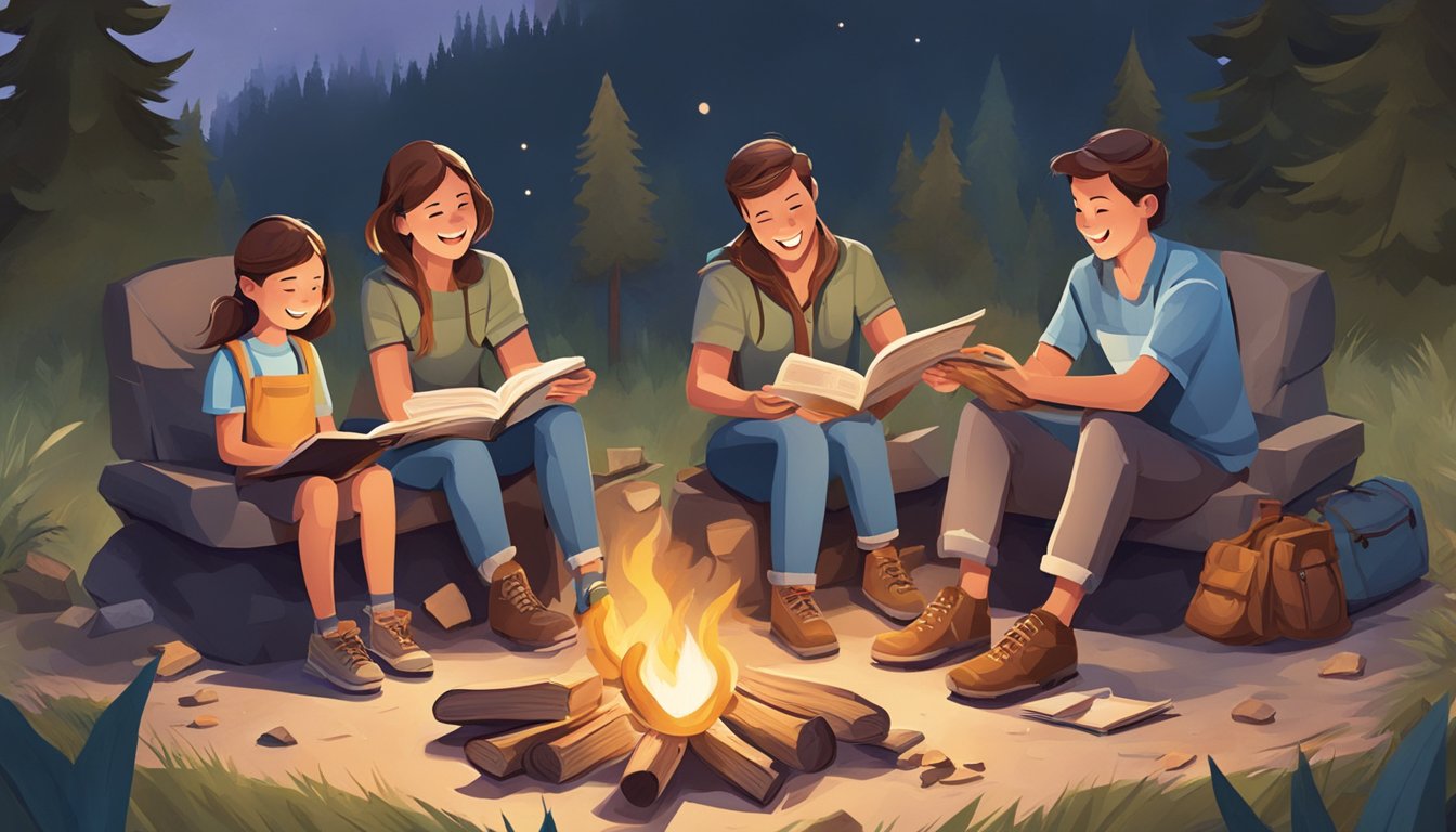 A family sitting around a campfire, sharing stories and laughter. Maps and guidebooks scattered around, creating a sense of adventure and learning