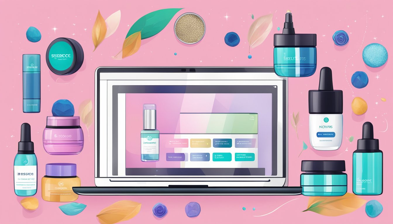 A laptop displaying the Essence Cosmetics website with a variety of products and a "buy now" button