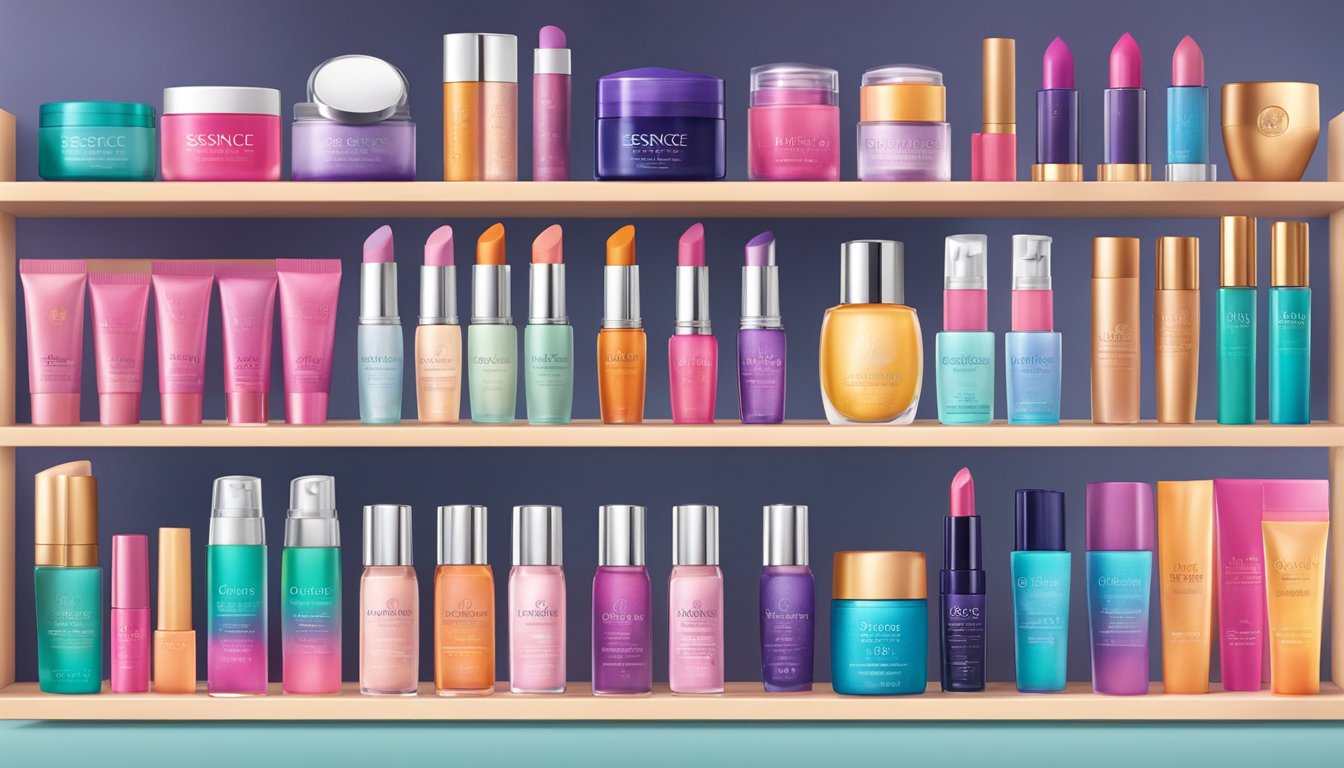 A colorful display of Essence cosmetics products arranged neatly on a shelf, with vibrant packaging and a variety of makeup items