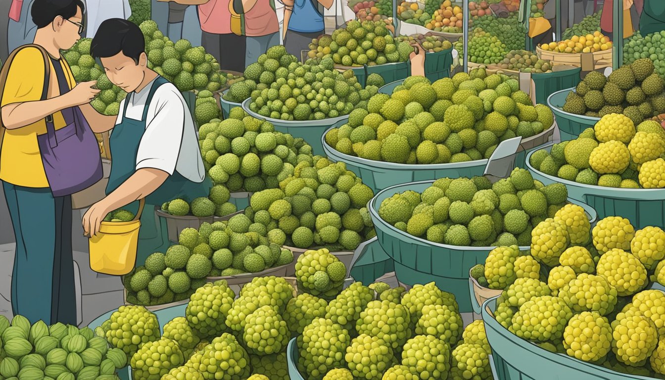 A bustling market stall displays ripe noni fruit in Singapore. Shoppers examine the knobby, greenish-yellow fruit, while the vendor arranges them in neat rows