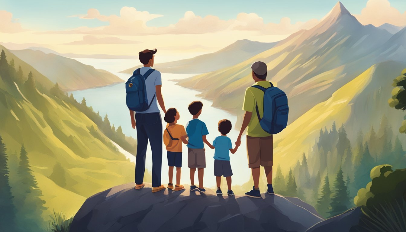 A family standing together at the edge of a mountain, looking out at a breathtaking view. The parents are pointing out different landmarks while the children listen attentively, creating a sense of unity and connection