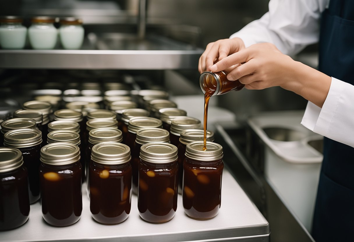 Chinese plum sauce being poured into sterilized jars, sealed tightly, and stored in a cool, dark pantry for long-term preservation