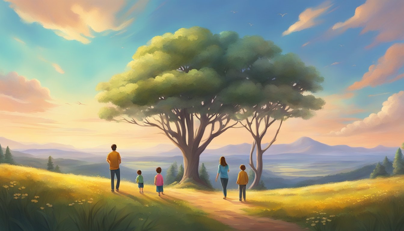 A family stands at the edge of a vast, open landscape, filled with new and exciting experiences. They are surrounded by the beauty of nature, with a sense of wonder and anticipation in the air
