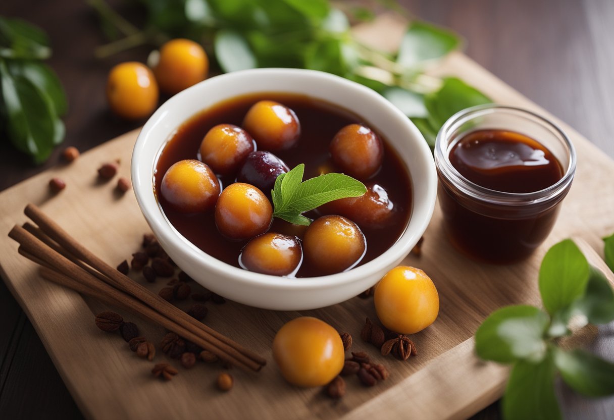 A bowl of Chinese plum sauce surrounded by ingredients like plums, sugar, vinegar, and spices on a kitchen counter