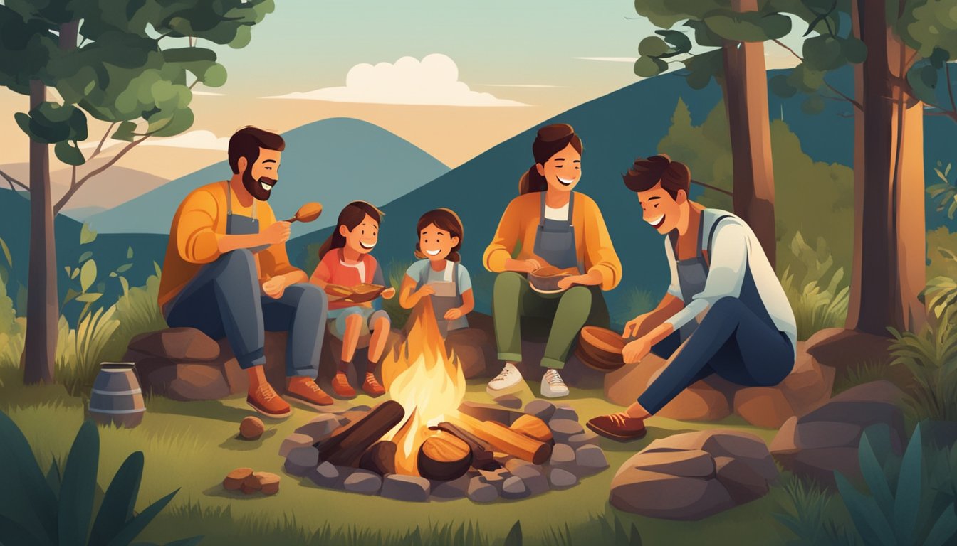 A family sits around a campfire, surrounded by nature. They are cooking a meal together and laughing, enjoying the simple pleasures of sustainable travel