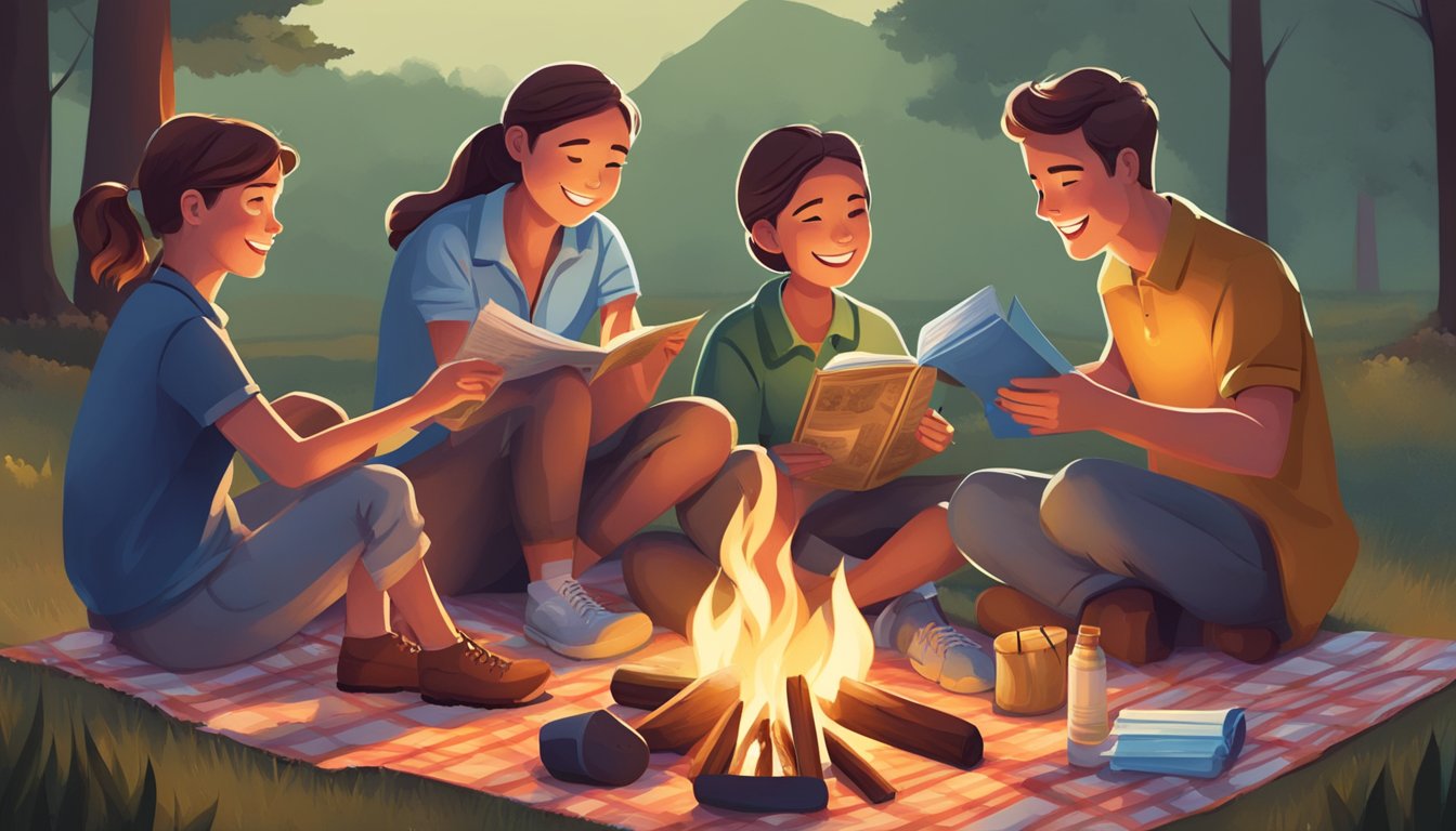 A family sitting around a campfire, roasting marshmallows and sharing stories, with a map and travel guidebooks spread out on a picnic blanket