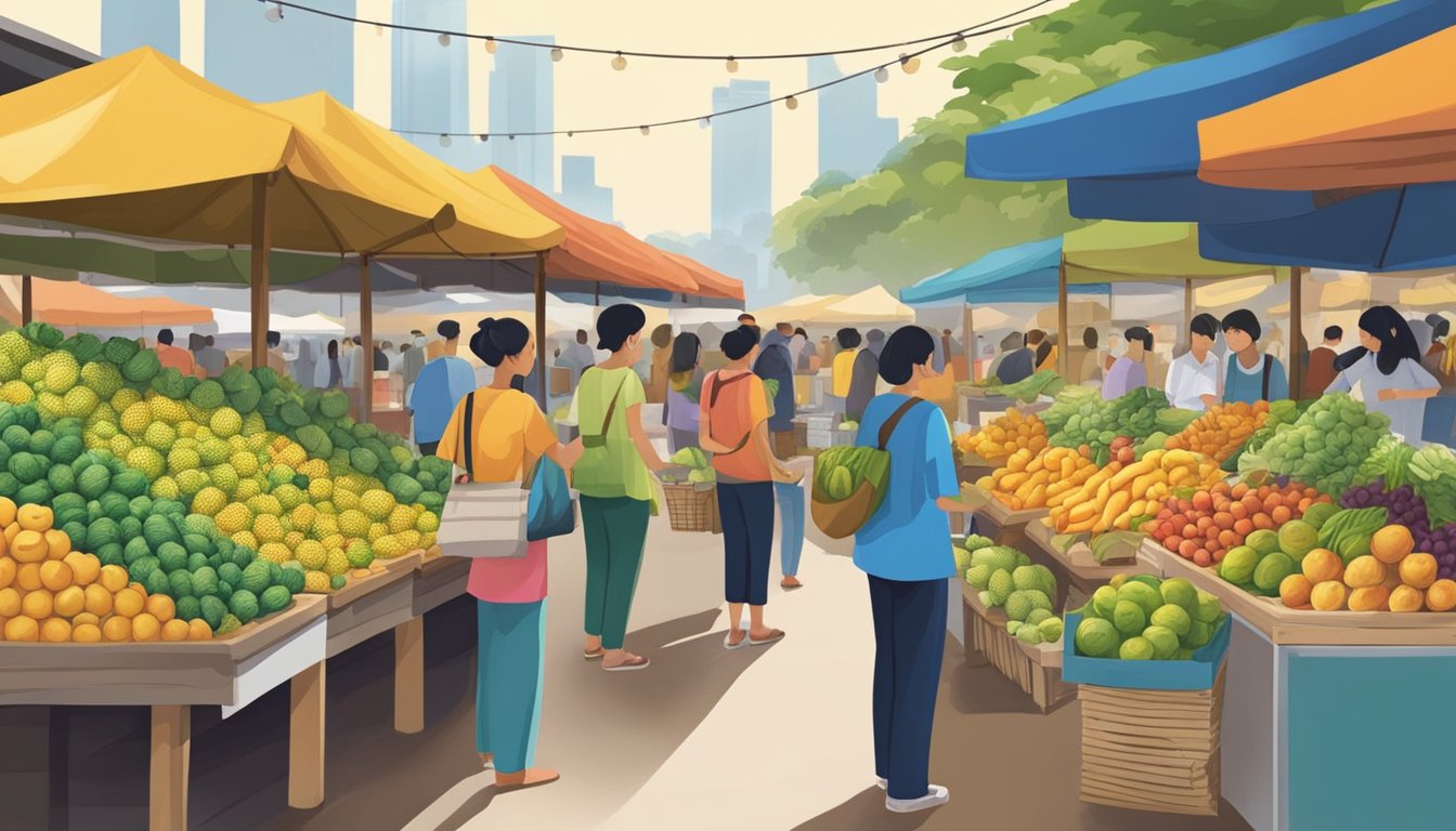 A bustling marketplace with colorful stalls selling noni fruit in Singapore. Customers inquire about the product, while vendors proudly display their fresh and ripe offerings