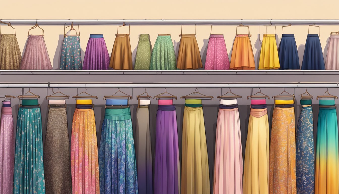 A rack of colorful maxi skirts displayed in a boutique in Singapore. Bright lights illuminate the fabric, showcasing the variety of patterns and styles available for purchase