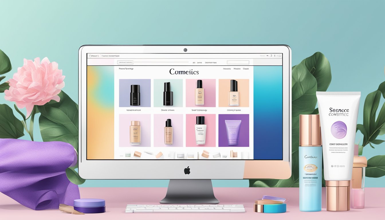 A computer screen displaying the Essence Cosmetics website with various beauty products and a "Buy Now" button