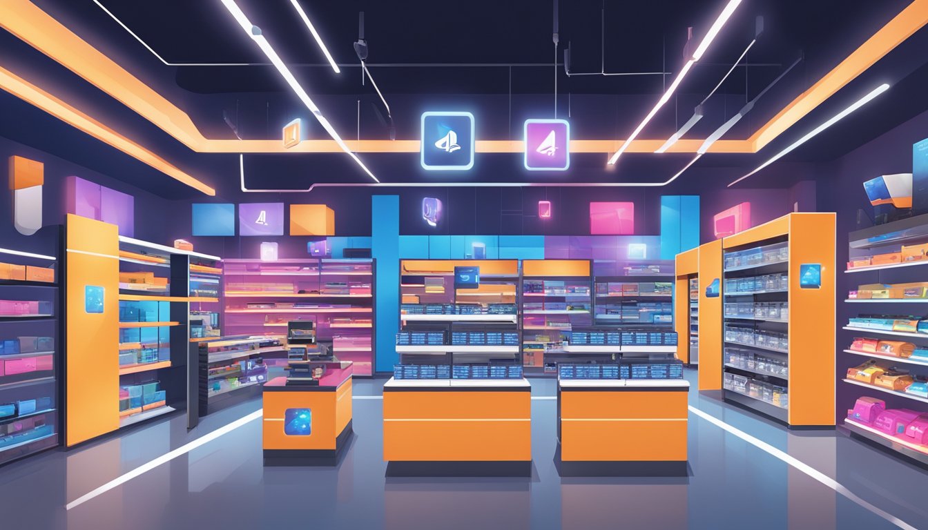 A bustling electronics store in Singapore displays PS4 VR headsets on sleek shelves. Bright lights illuminate the vibrant packaging, drawing in potential buyers