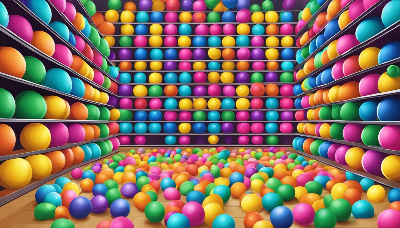 Colorful ball pit balls scattered on the floor of a vibrant store in Singapore, neatly organized in bins and shelves