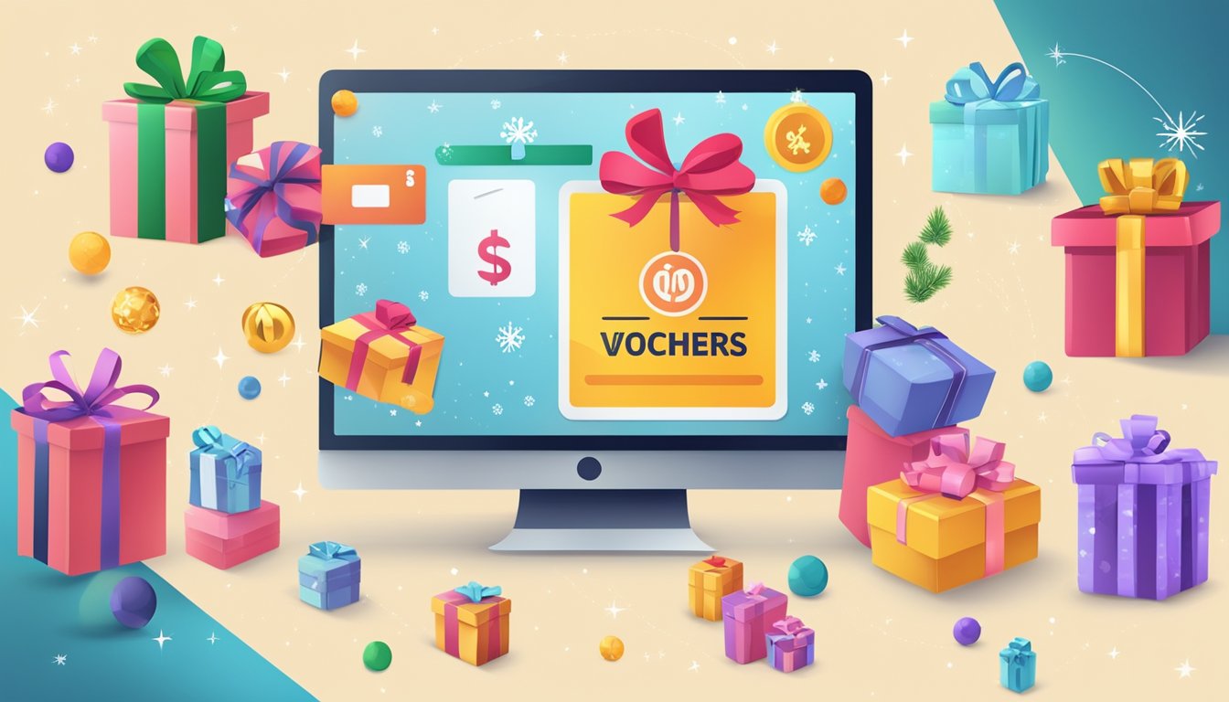 A computer screen displaying various online gift vouchers with a "buy now" button, surrounded by festive icons and a secure payment logo