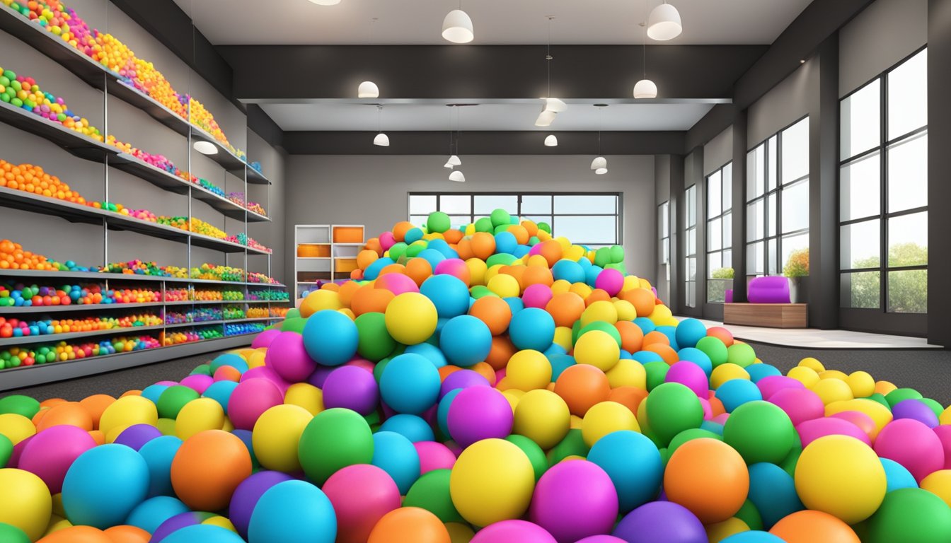 Colorful ball pit balls scattered in a large play area, with shelves displaying various options for purchase