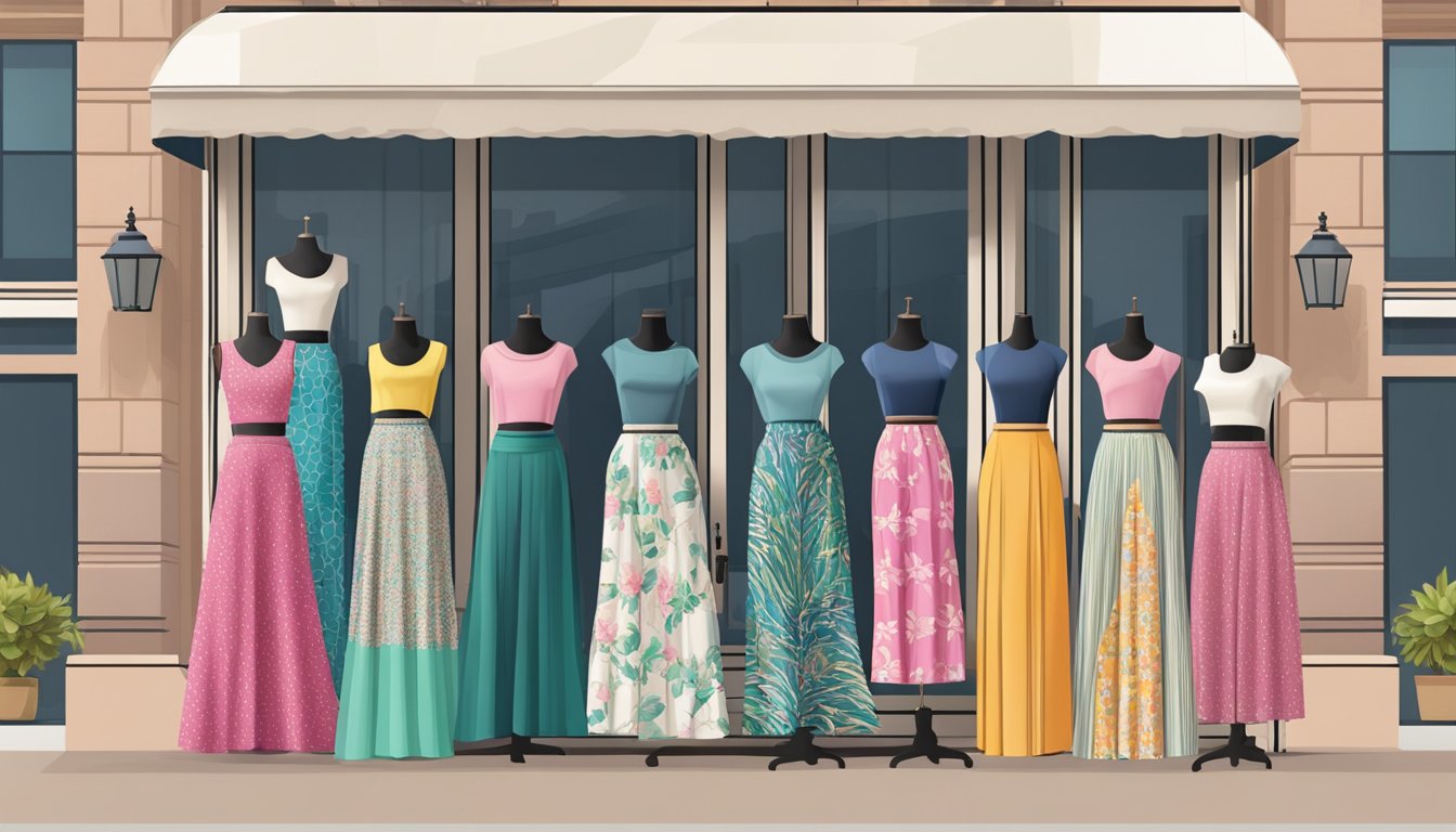 A colorful display of maxi skirts in a boutique window, with various patterns and styles, showcasing the versatility and fashion-forward appeal of the popular garment