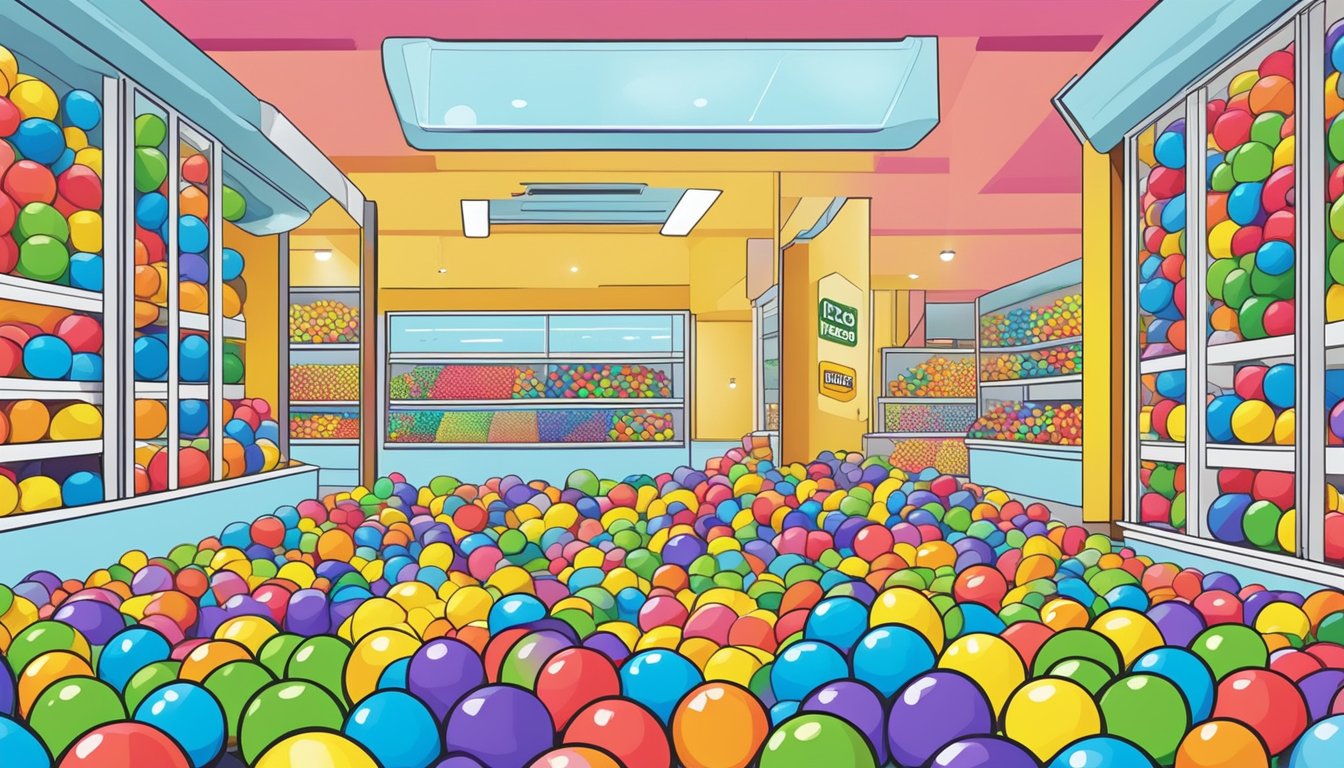 A colorful display of ball pit balls in a Singapore store, with a sign reading "Frequently Asked Questions: where to buy ball pit balls."