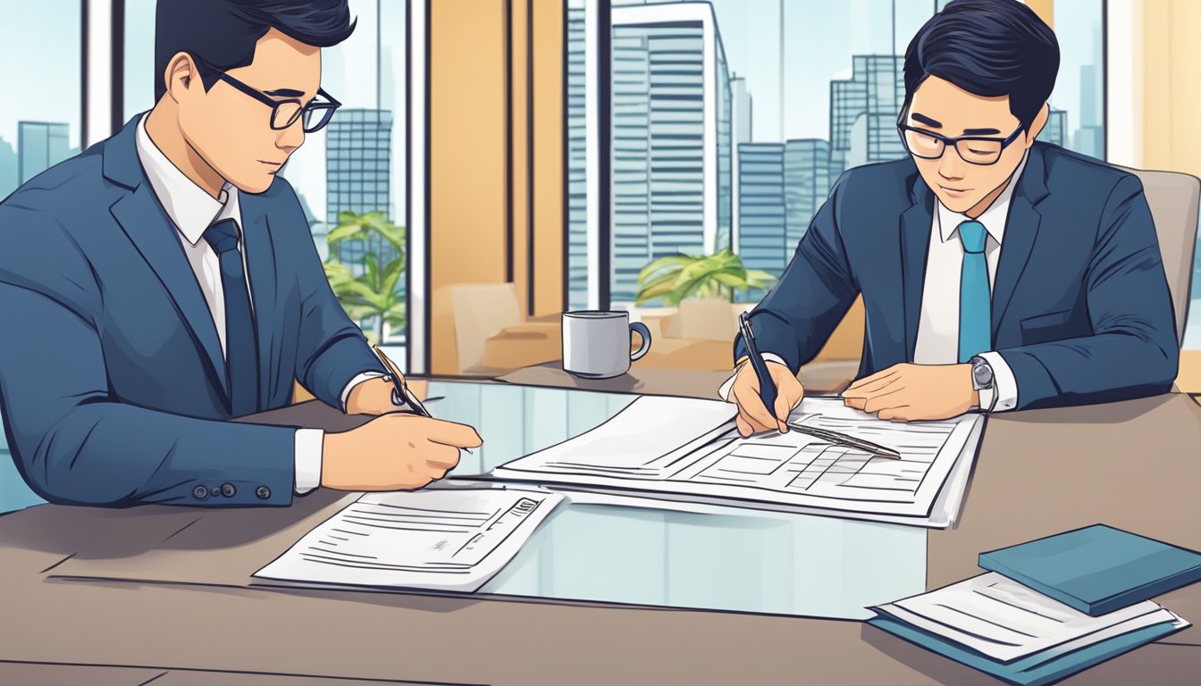 A person signs a contract with a real estate agent in a Singapore office. They exchange money and receive keys to a new property