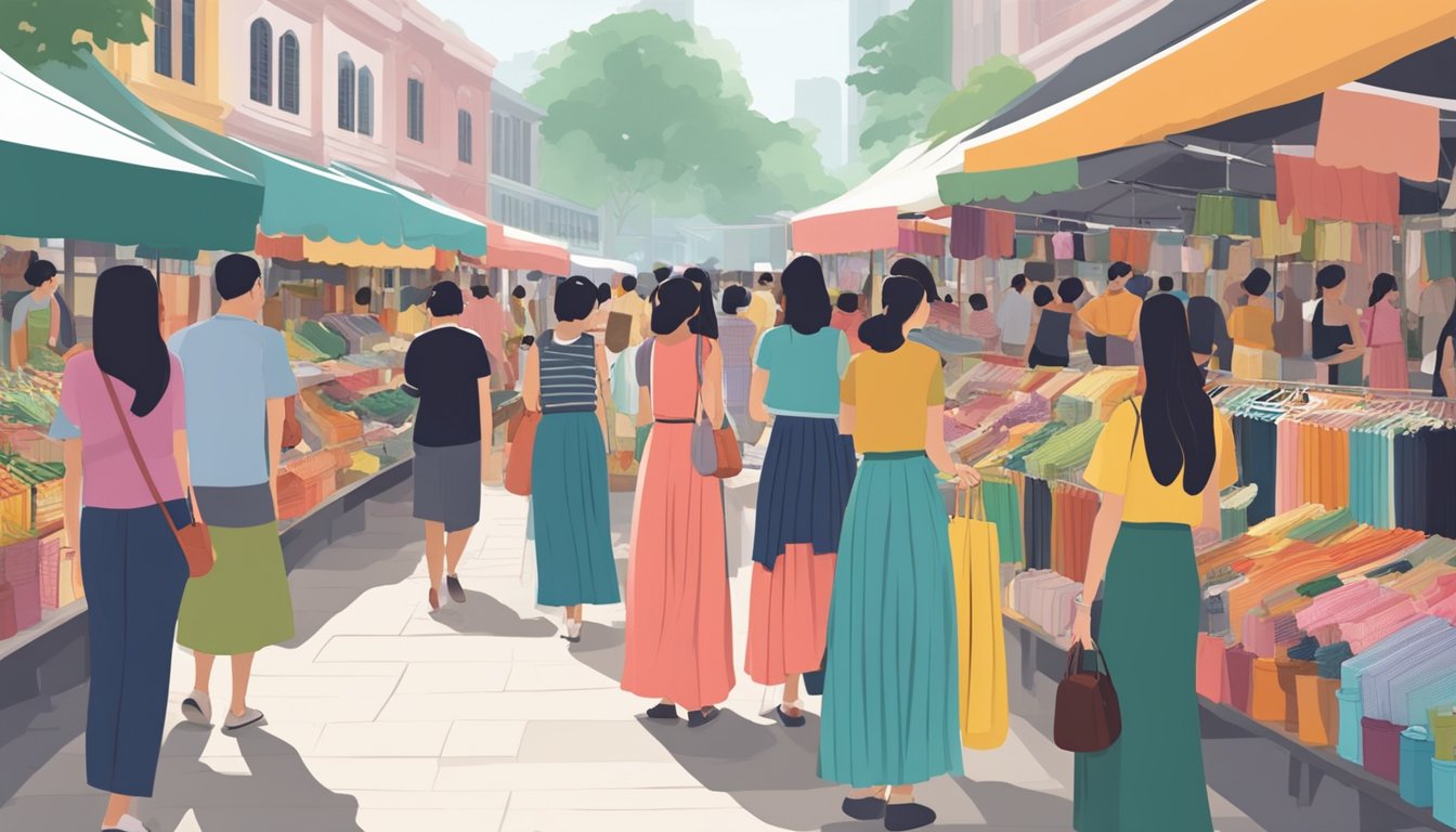 A bustling marketplace with colorful displays of maxi skirts in Singapore. Shoppers browsing racks and vendors tending to their stalls