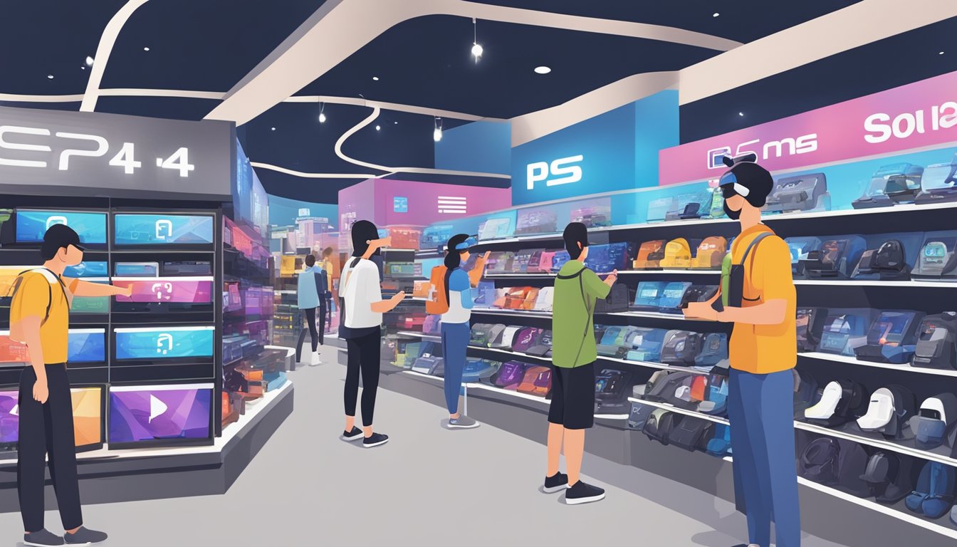 A bustling electronics store in Singapore showcases PS4 VR headsets with a prominent "Frequently Asked Questions" sign. Shoppers browse the latest virtual reality technology