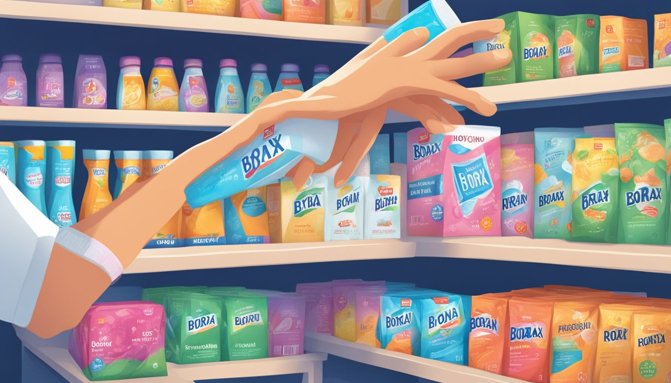 A hand reaching for a box of Borax on a store shelf in Singapore. Bright lighting and clean packaging