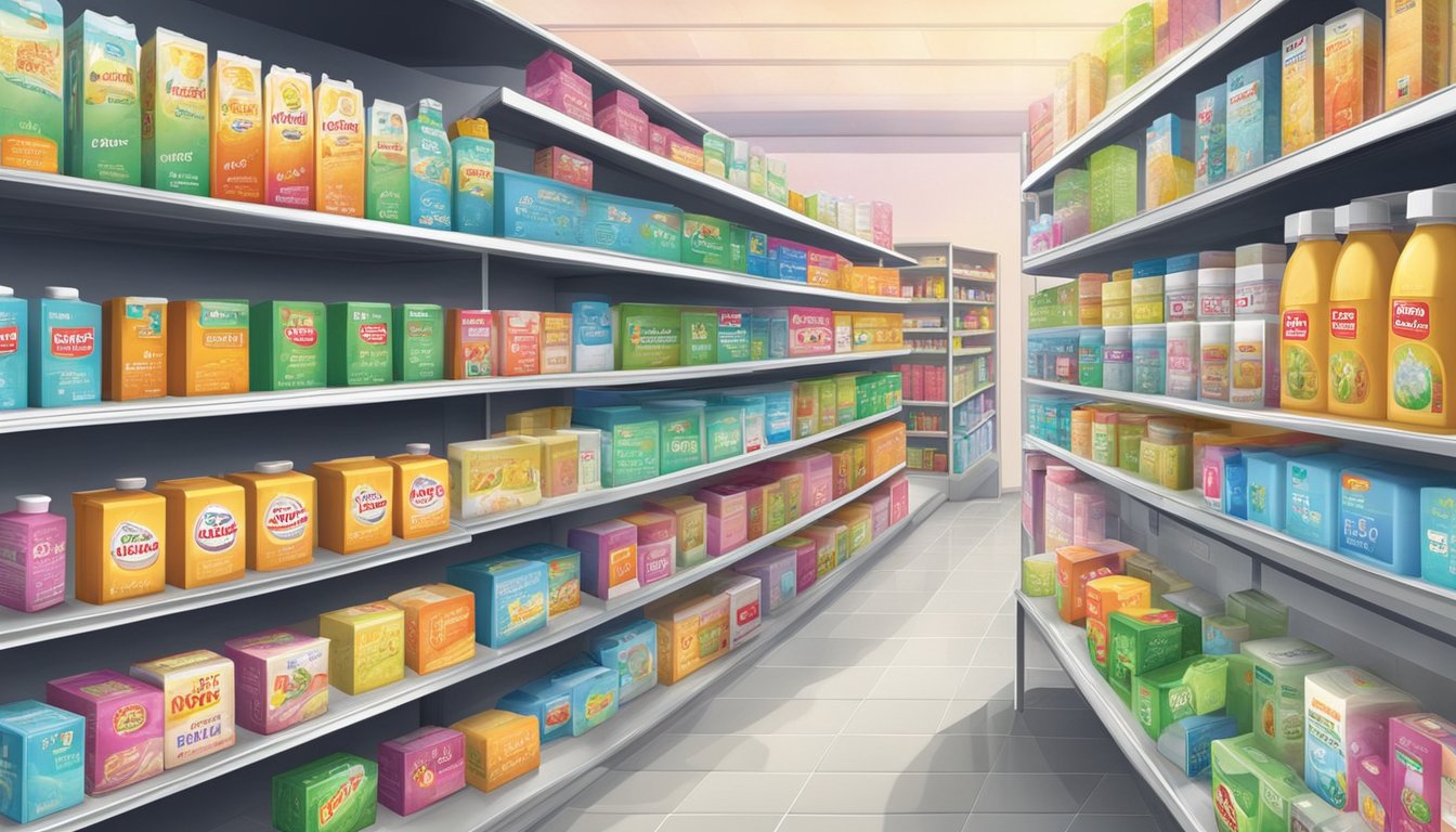 Shelves of various household products, with prominent display of borax boxes, in a Singaporean store
