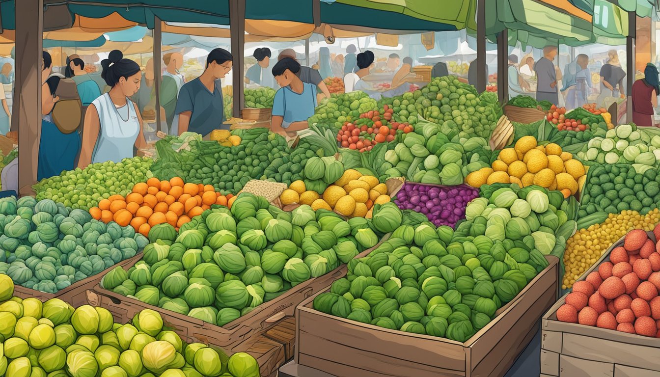 Brussel sprouts displayed in a vibrant market stall in Singapore, surrounded by other fresh produce and bustling with shoppers
