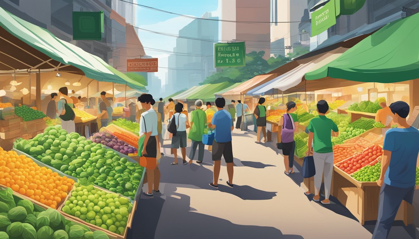 A bustling outdoor market in Singapore, with colorful stalls selling fresh produce. A sign reads "Fresh Brussels Sprouts" in bold letters. Customers browse and purchase the vibrant green vegetables