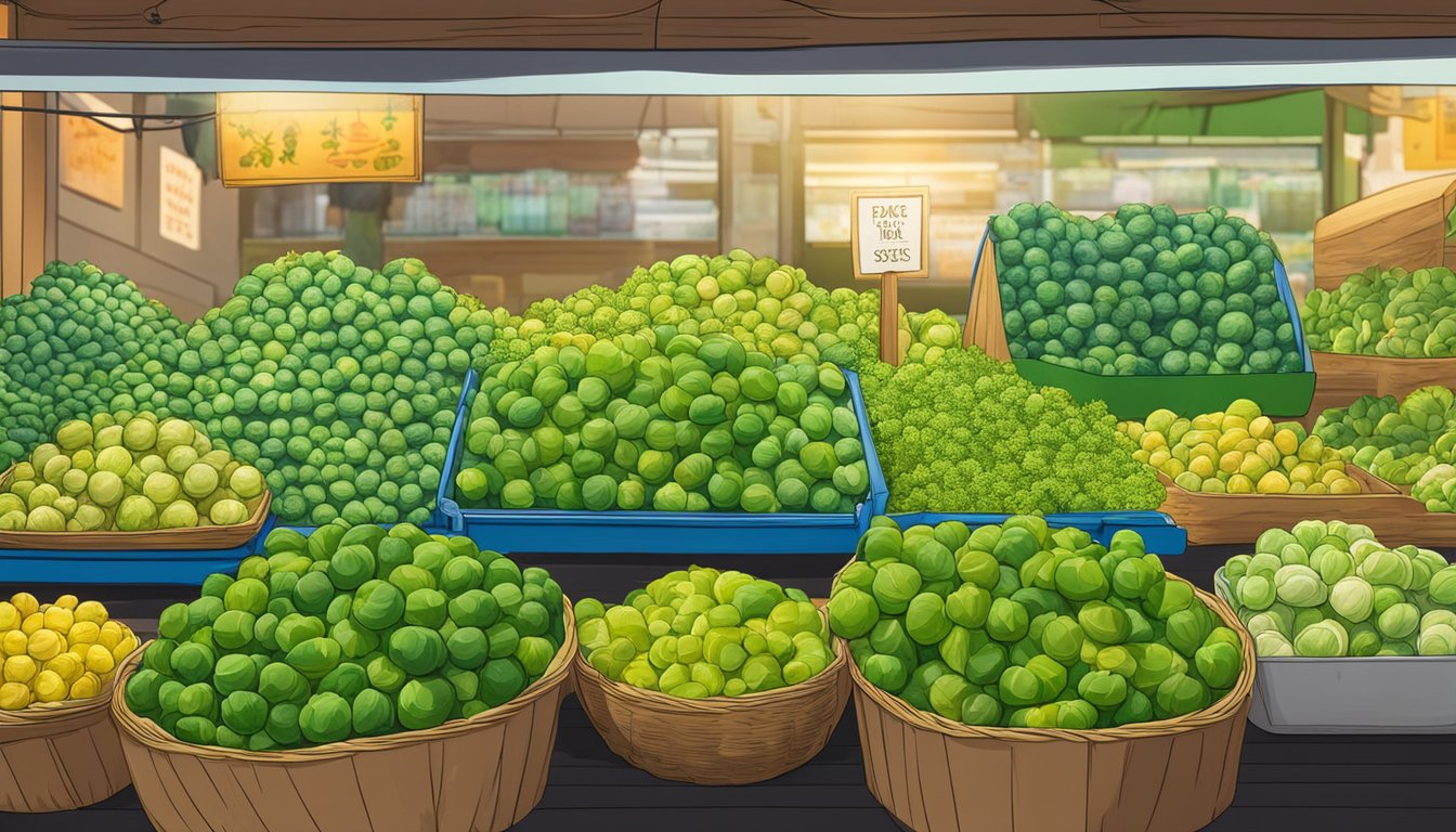 Fresh brussel sprouts displayed on a vibrant market stall in Singapore, showcasing their health benefits and nutritional value