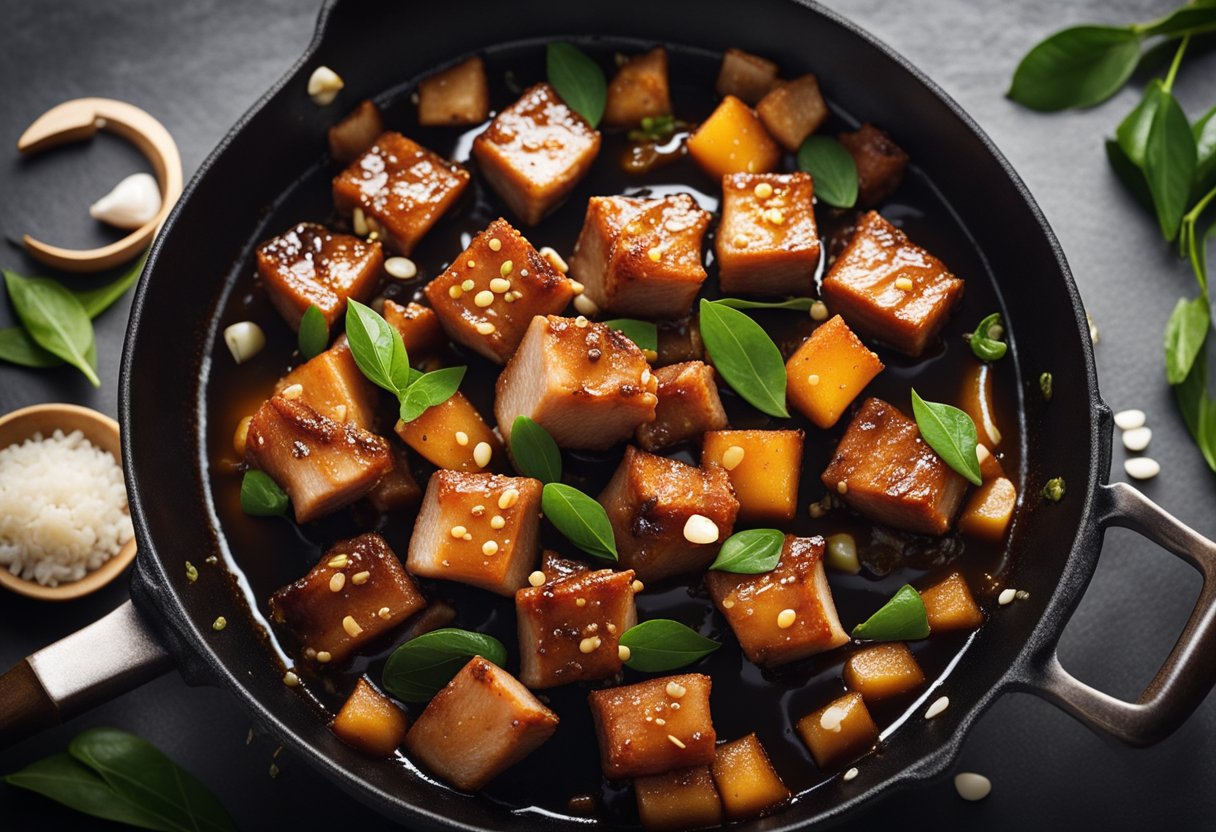 Sizzling pork cubes in a wok with soy sauce, vinegar, garlic, and bay leaves. Steam rises as the flavors meld together