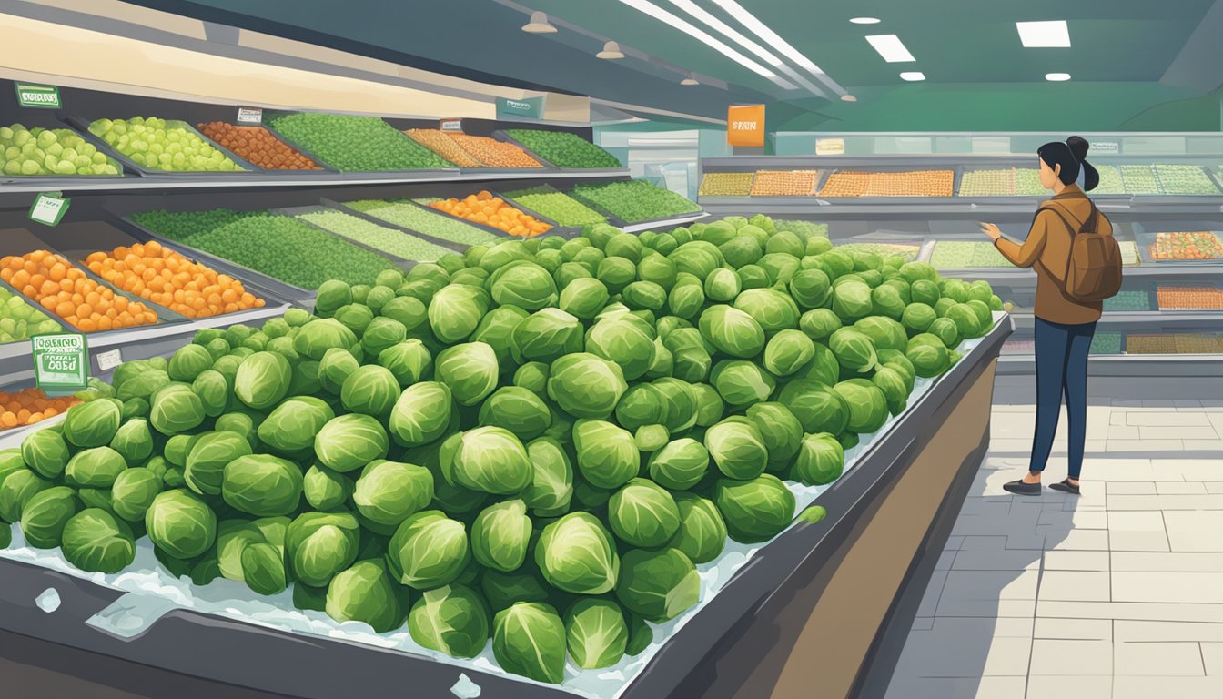 A bustling grocery store display with fresh brussel sprouts piled neatly on a bed of ice, accompanied by a sign that reads "Frequently Asked Questions: where to buy brussel sprouts in Singapore."
