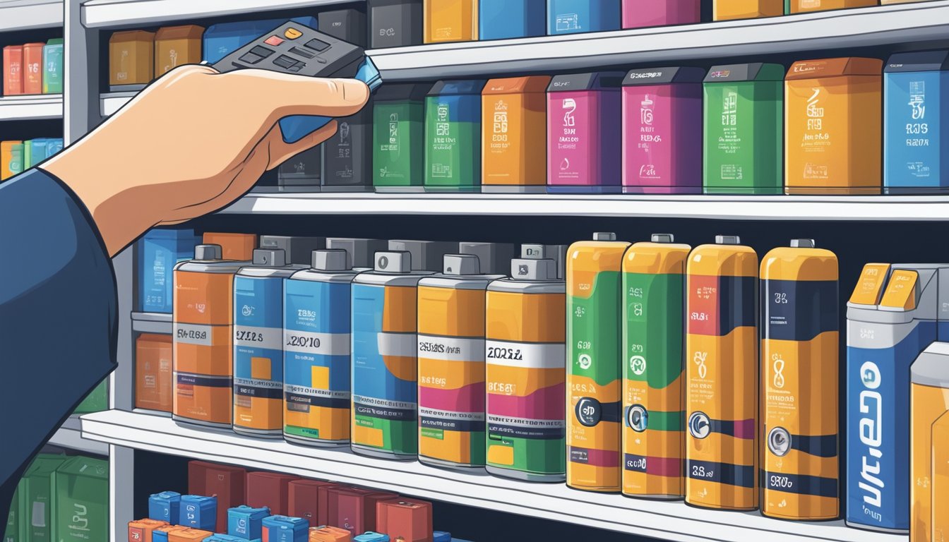 A hand reaches for a CR2025 battery on a store shelf in Singapore. The display is well-lit with various electronic products nearby