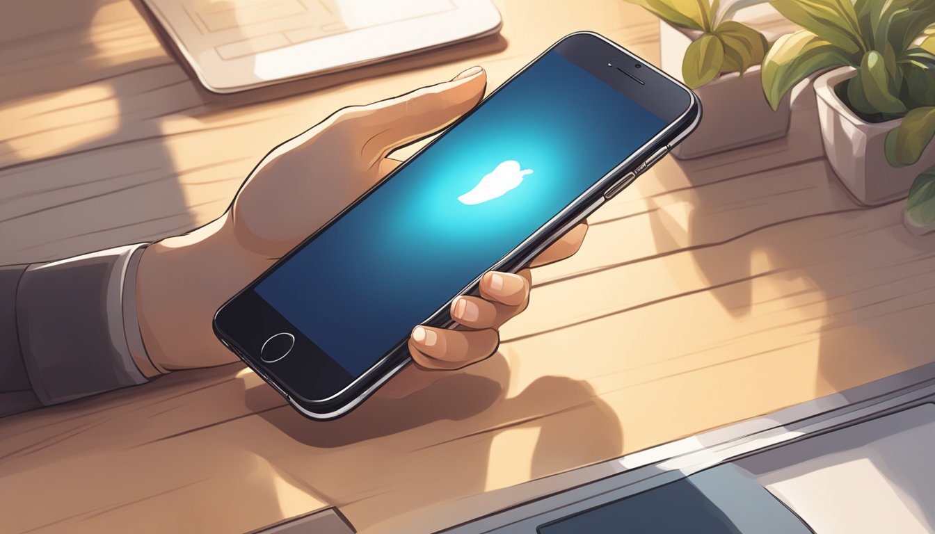 A hand reaches out to a glowing iPhone 6 displayed on a sleek, modern table. The room is bathed in warm, natural light, creating a sense of excitement and anticipation